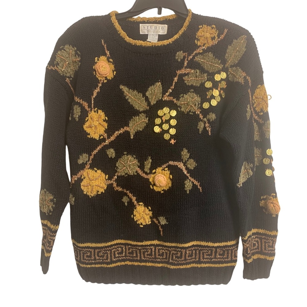 Studio Michelle Stuart Vintage Boho  Floral Coin‎ Knit Sweater Black Gold Small